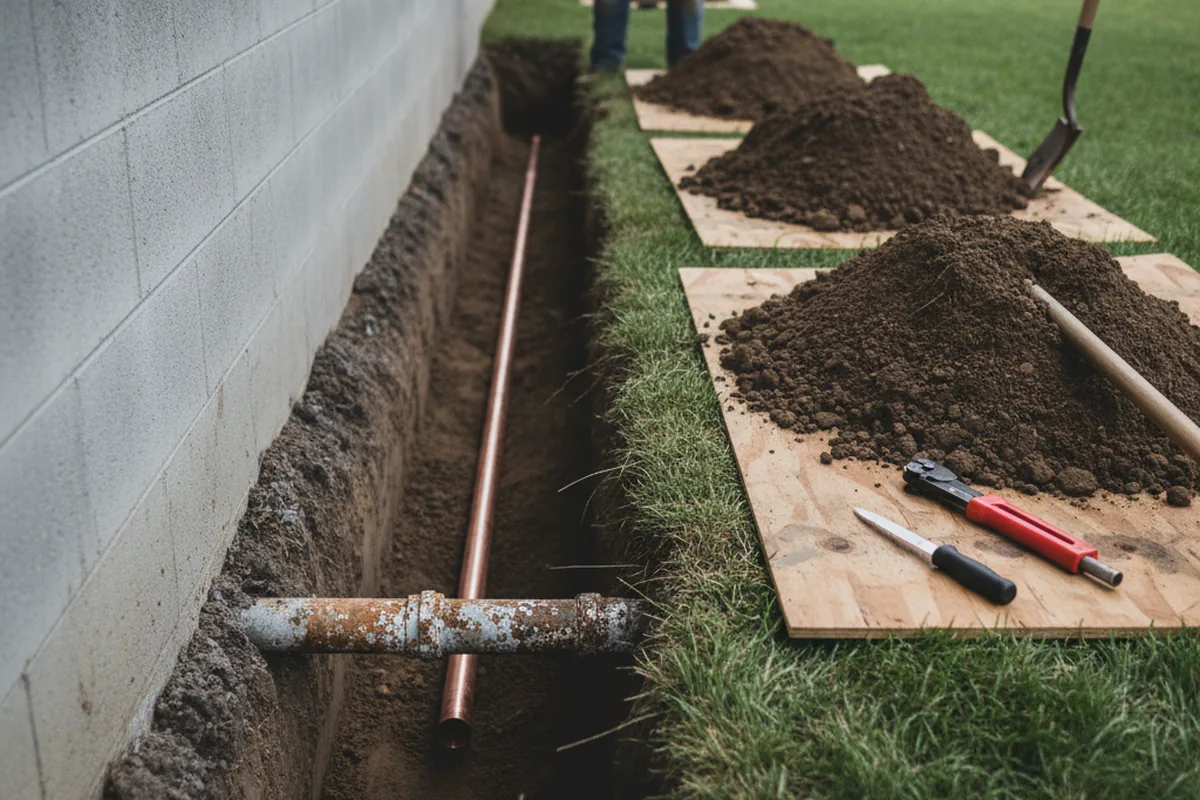 Excavated water line trench during Sewer Line Repair in North Granby